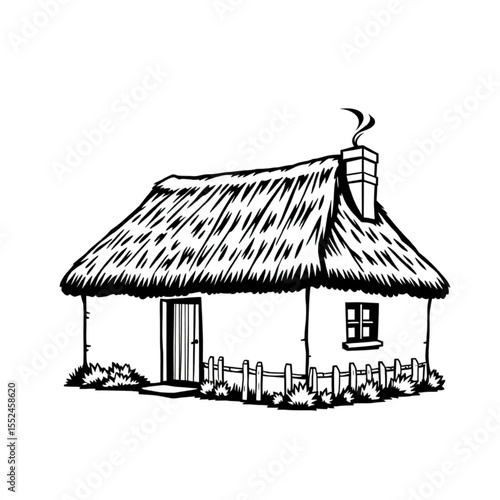 A thatched cottage with smoke curling from the chi...