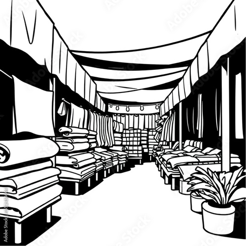 A textile market with bolts of colourful fabric