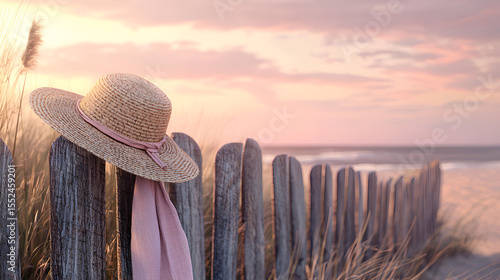 Beach getaway: straw hat and shawl draped on rustic wooden fence, serene sunset horizon