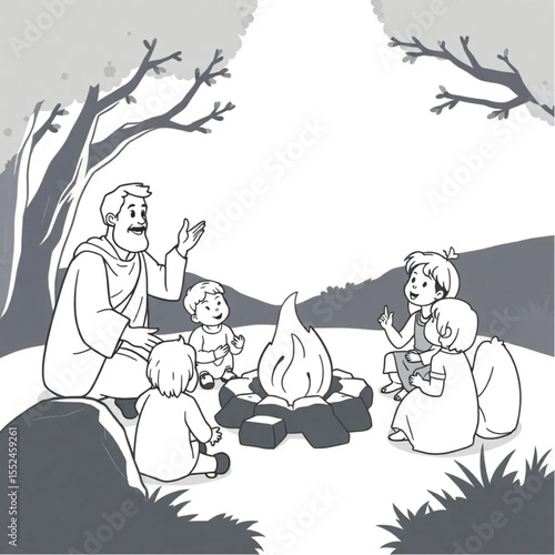 A storyteller entertaining children around a fire