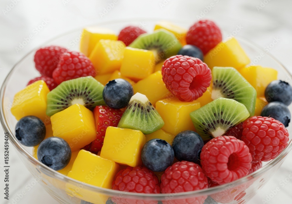 Refreshing summer fruit salad in glass bowl Refreshing summer fruit salad in glass bowl
