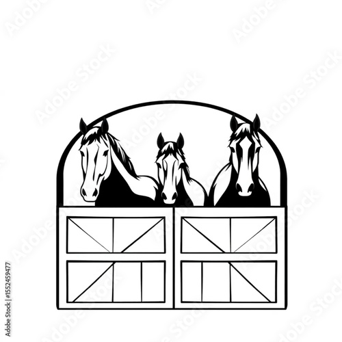 A stable with horses looking over half-doors