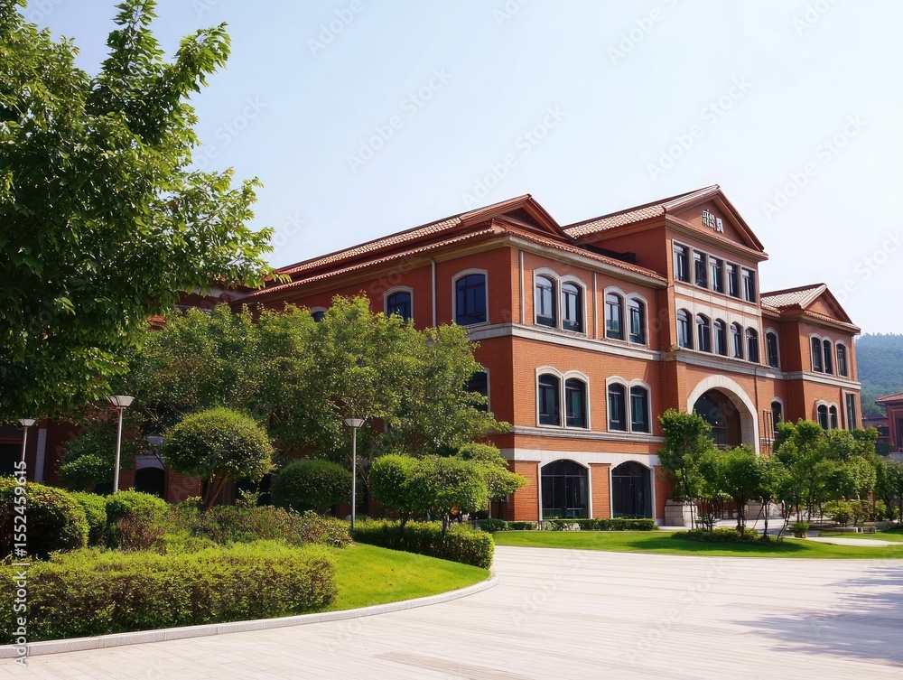 Fototapeta premium Red brick building surrounded by landscaping