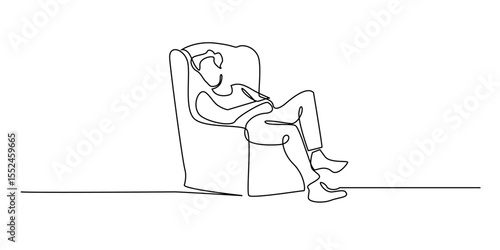one continuous line of man sleeping on sofa.single line art of tired man sleeping on living room chair.isolated on white background
