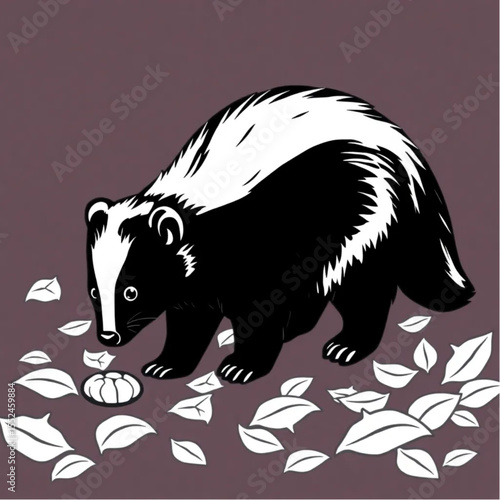 A skunk foraging for grubs in fallen leaves