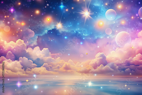 Dreamlike cloudscape at sunset reflecting in a tranquil sea, adorned with vibrant stars, planets, and ethereal glows, creating a magical, otherworldly atmosphere