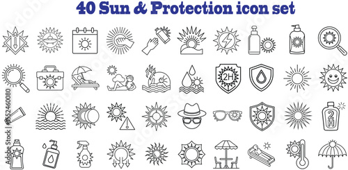 Collection of 40 icons representing sun protection and related concepts