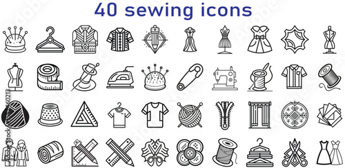 Collection of 40 diverse sewing and tailoring icons for craft and design projects
