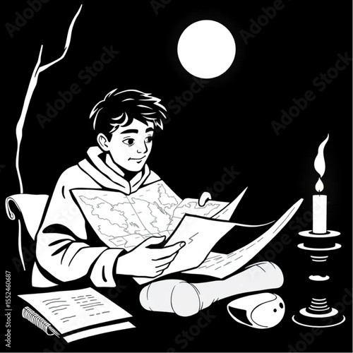A scholar studying maps by candlelight