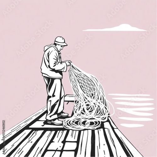 A sailor mending nets on a wooden pier
