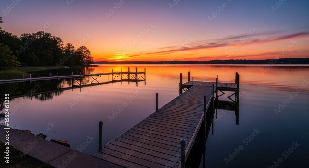 Peaceful Lakeside Dock at Sunset with Vibrant Sky Reflections on the Water Peaceful Lakeside Dock at Sunset with Vibrant Sky Reflections on the Water