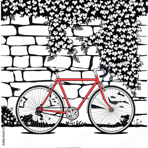 A red bicycle leaning against an ivy-covered stone...