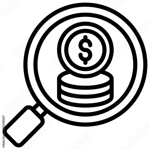 The magnifying glass icon and the stack of coins symbol indicate activities of searching for observation, research, or analysis of money and financial aspects.
