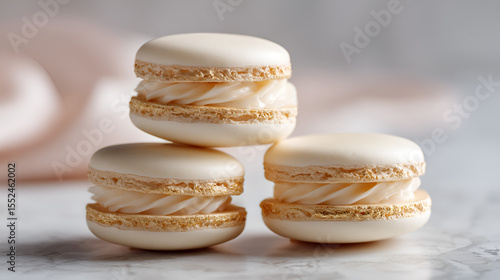 Stacked vanilla macarons with creamy filling, elegant dessert tower, perfect for sweet celebrations.