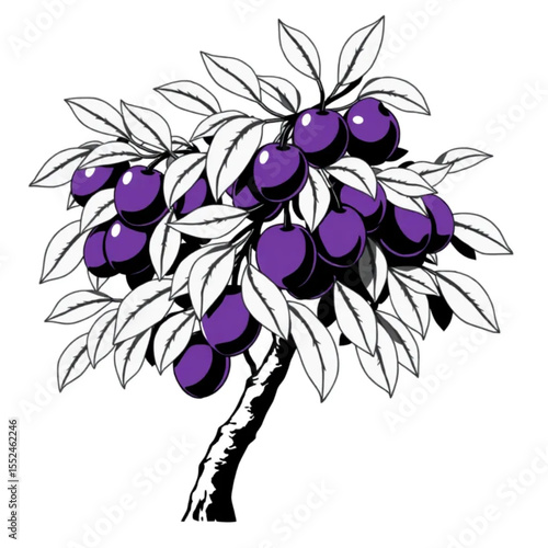 A plum tree laden with purple fruit