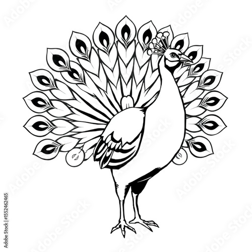 A peacock displaying brilliant tail feathers proud...