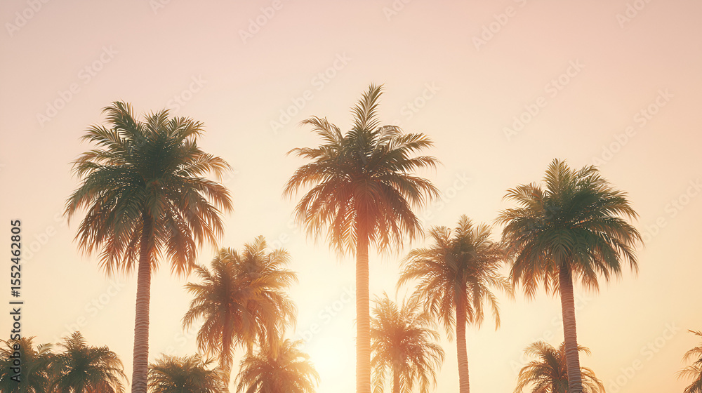 Fototapeta premium Palm trees silhouetted against a serene sunset sky, evoking a sense of peaceful tropical escape.