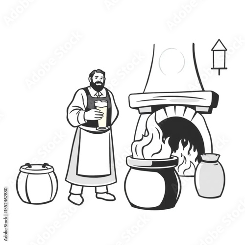 An innkeeper serving ale by a warm hearth