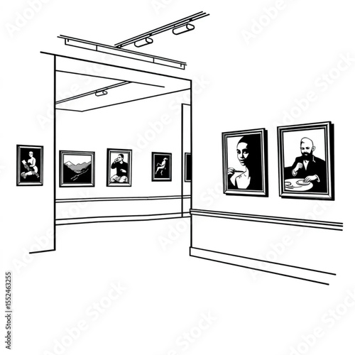 An art gallery with paintings displayed on white w...