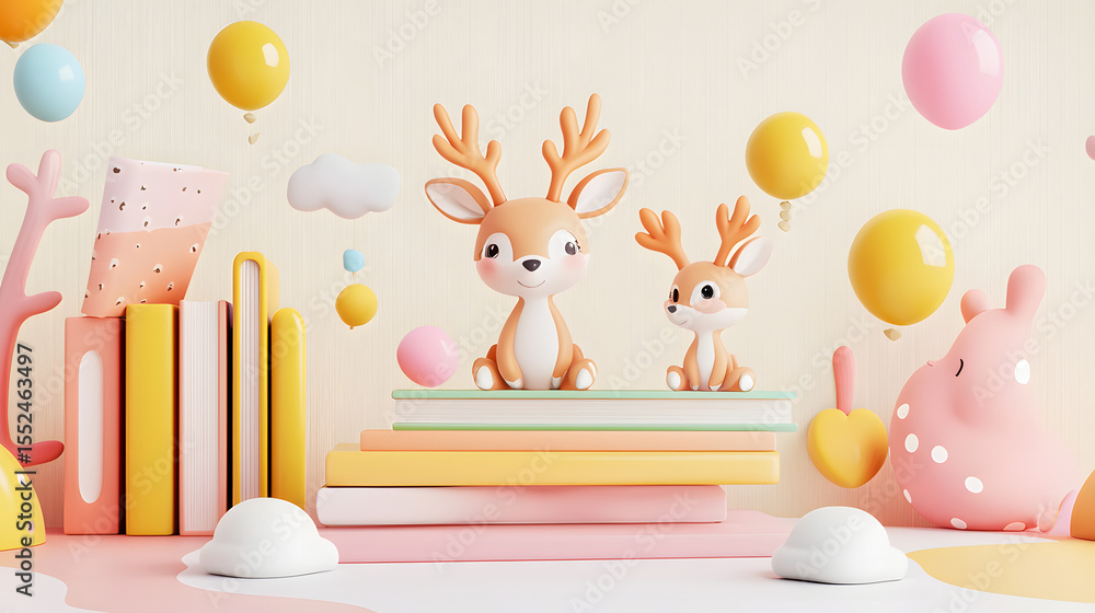 Obraz premium Cute 3D Cartoon Deer in Nursery Scene