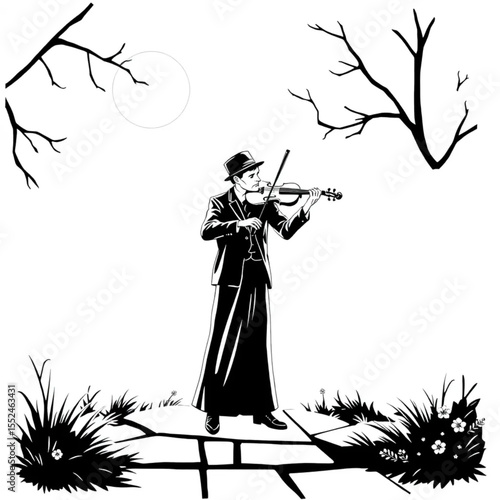 A musician playing violin on a moonlit corner