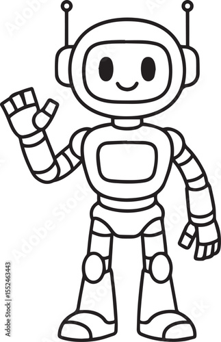 Black Outline Vector Illustration of a Futuristic Robot Character in Cartoon Style on White Background