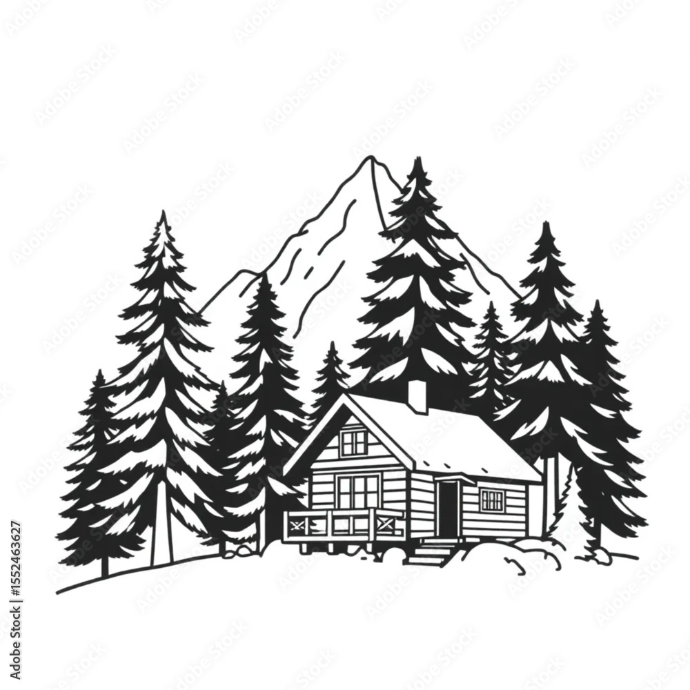 Obraz premium A mountain cabin nestled among towering pine trees