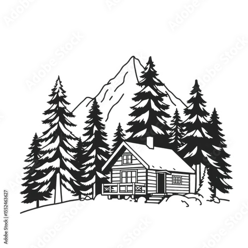 A mountain cabin nestled among towering pine trees