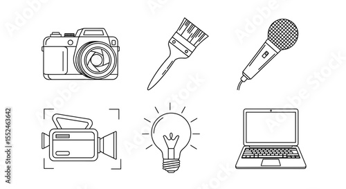Collection of creative tools including camera, brush, microphone, camcorder, bulb and laptop present