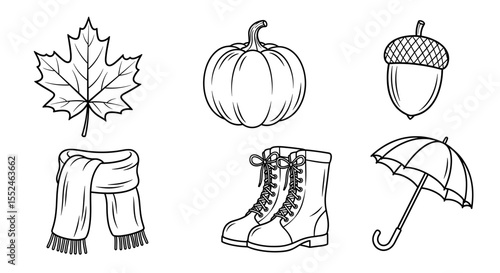 Line drawing of autumn themed items including leaf pumpkin acorn scarf boots and umbrella image art
