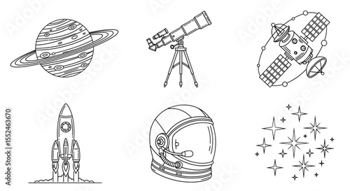 Collection of space themed line art including planet telescope satellite rocket helmet and stars