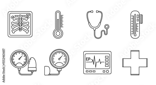 Medical equipment icons including x ray thermometer stethoscope and blood pressure monitor plus sign etc