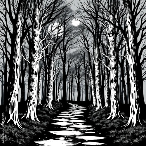 A moonlit forest path through ancient trees