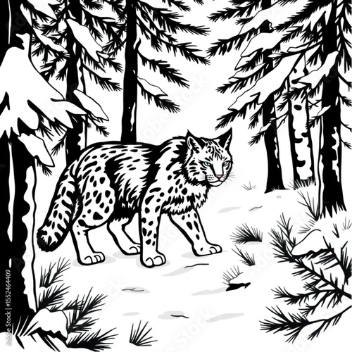 A lynx stalking silently through snowy pine woods