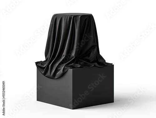 A black cube sits on a white background, entirely covered by a draped black satin cloth, obscuring its contents, creating an air of mystery and anticipation