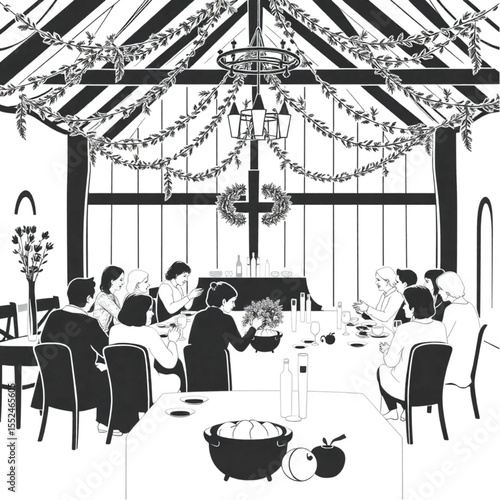 A harvest supper in a decorated hall