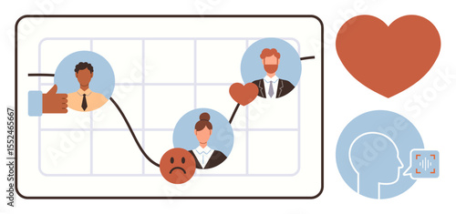 Chart curve connects user emotions and reactions with faces, heart symbol, and feedback, showcasing concepts. Ideal for empathy, psychology, analysis, feedback, connection communication simple flat