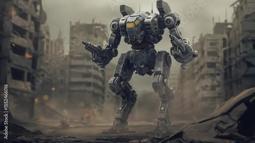 Futuristic robot in a ruined city