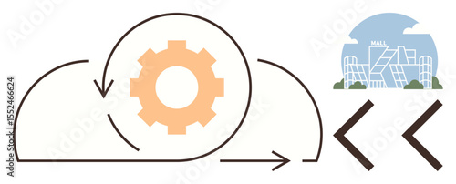 Gear encircled by arrows conveys agile processes, next to a mall building. Ideal for innovation, retail, teamwork, sustainability, modern technology, project management, simple flat metaphor