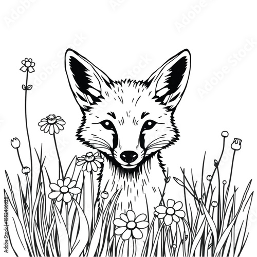 A fox peering curiously from behind wildflowers