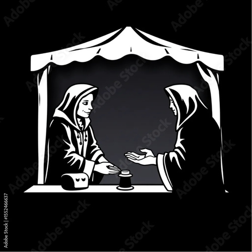 A fortune teller reading palms at a fair