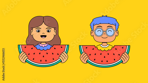 Girl and a boy happily holding large slices of watermelon in playful cartoon style make it perfect for summer themes, children's content, or healthy eating campaigns