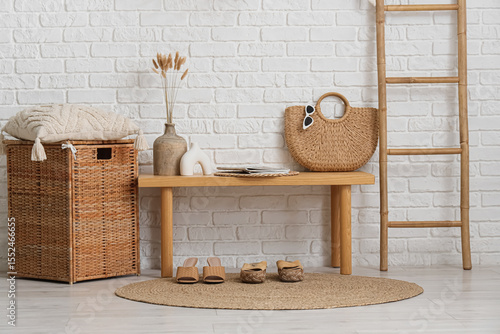 Wooden bench, wicker basket...