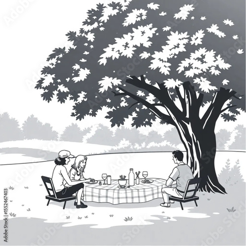 A family reunion picnic beneath spreading trees