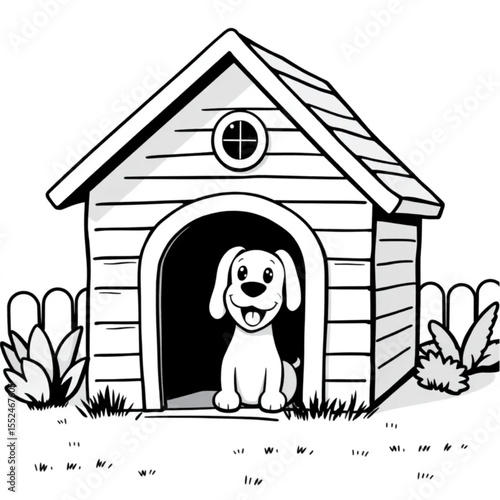 A dog house painted cheerfully in a sunny backyard