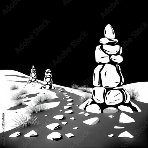 A desert trail marked by ancient stone cairns