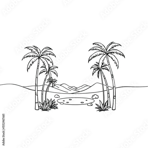 A desert oasis surrounded by palm trees