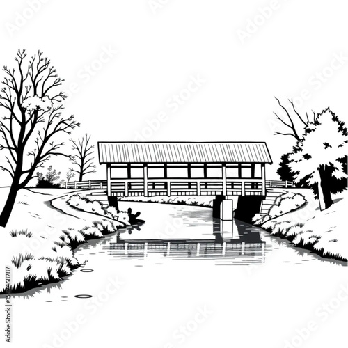 A covered bridge spanning a peaceful country river