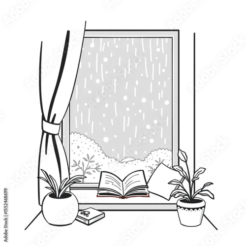 A cosy reading nook beside a rain-streaked window