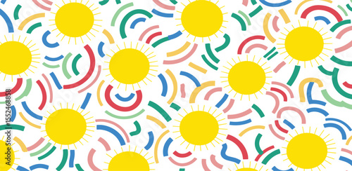 Memphis geometric seamless pattern. Abstract modern background with circles, curves, short rounded lines and dots. Fun kid doodle design element for cover, poster, banner, label, textile, 